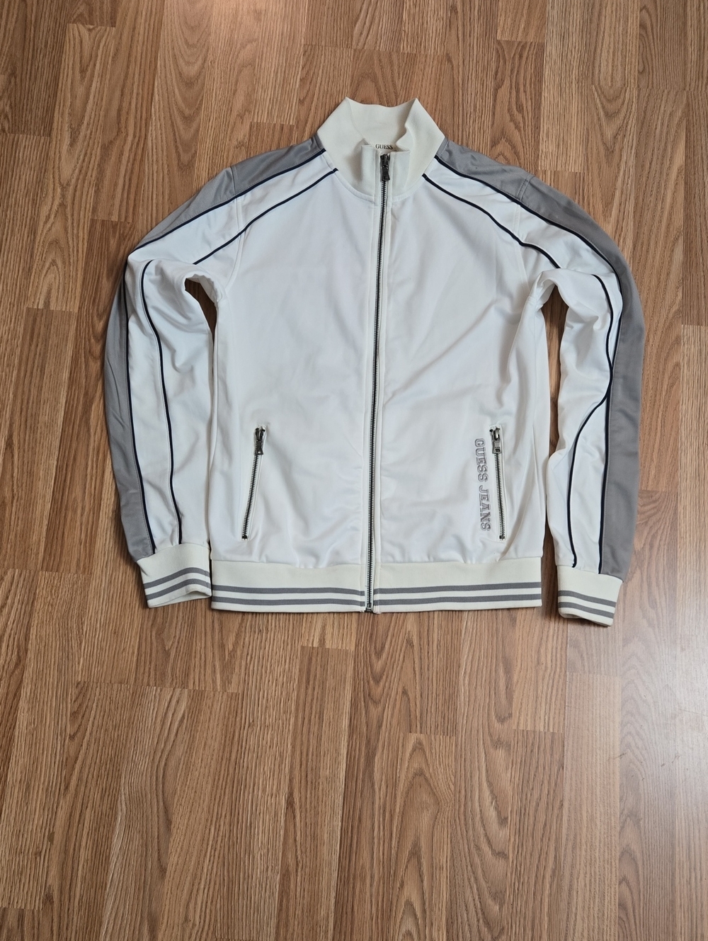 Guess White & Gray Track Bomber Jacket